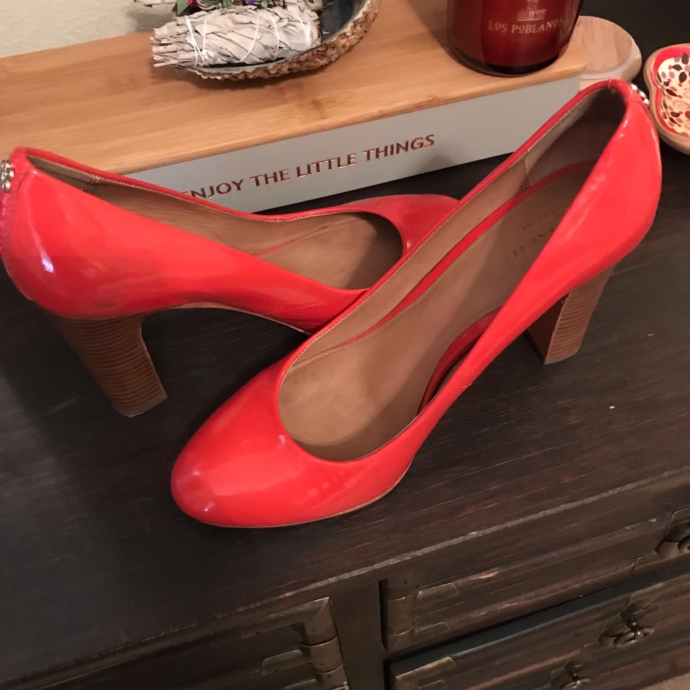 Coach orange patent leather stacked heels!